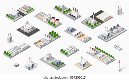 Isometric set plant dimensional projection includes factories, industrial buildings, boilers, warehouses, hangars, power stations, streets, roads, trees. Urban infrastructure of city metropolis.