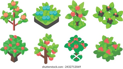 Isometric set of plants and bushes. 3d low poly rendered image. Transparent background