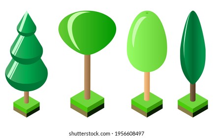 Isometric set of plants with green trees and grass of various shapes isolated. Vector illustration