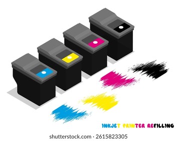 Isometric set of plastic ink cartridges for office inkjet printers. Repair and maintenance of office and copying equipment. Realistic 3D vector isolated on white background