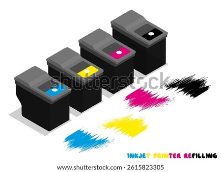Isometric set of plastic ink cartridges for office inkjet printers. Repair and maintenance of office and copying equipment. Realistic 3D vector isolated on white background