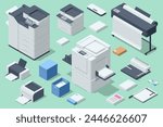 Isometric set of plotter, laminator, binder, cutter, risograph, laser printer and inkjet printer. Printing services, Printing house industry.