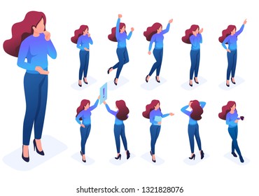 Isometric set of poses and gestures of the character, woman. To create vector illustrations, isolated background