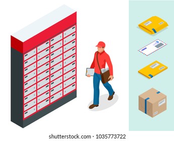 Isometric set of Post Office, Postman, envelope, mailbox and other attributes of postal service, point of correspondence delivery icons