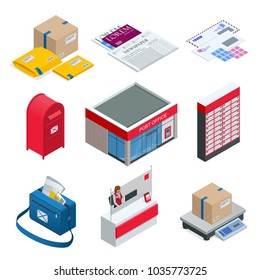 Isometric set of Post Office, Postman, envelope, mailbox and other attributes of postal service, point of correspondence delivery icons.