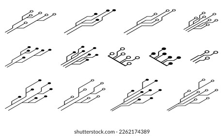 Isometric set of printed circuit board PCB tracks silhouettes isolated on white background. Technical clipart. Dividers for design. Vector design element.