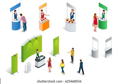 Isometric set of Promotion Stands on a white background. Vector exhibition or trade show booth