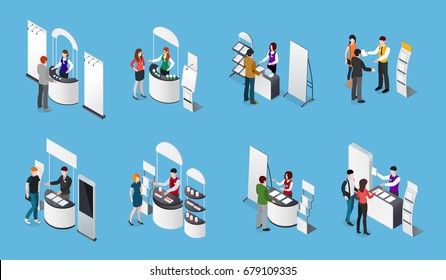 Isometric set of promotional stands and people with products and handout on blue background isolated vector illustration