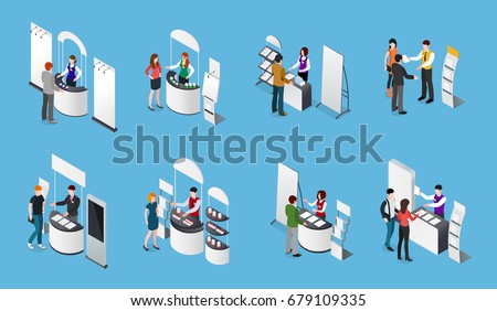 Isometric set of promotional stands and people with products and handout on blue background isolated vector illustration