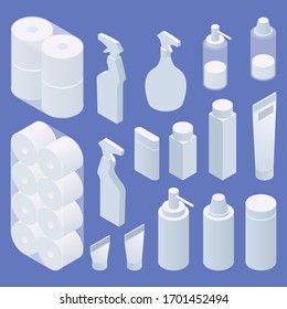 Isometric set of quarantine hygiene items and packages. Toilet paper roll and cleaning products in white color