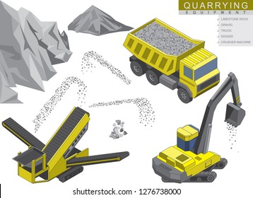 Isometric Set Of Quarrying Equipment. Mobile Stone Crusher Machine With Digger And Heavy Truck Isolated On White, Gravel Particles And Rock On The Background. Vector