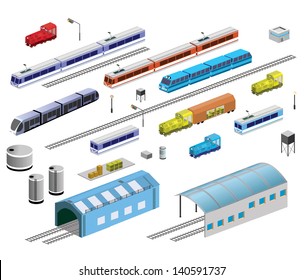 Isometric set of railroad equipment on a white background