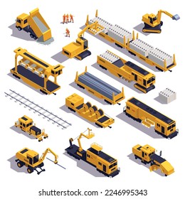 Isometric set of railroad track laying equipment vehicles construction materials and workers isolated 3d vector illustration