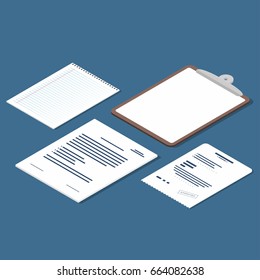 Isometric set of receipt, contract, clipboard, blank lined paper sheet. Official documents icons. Vector