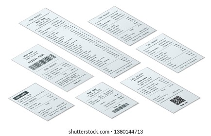 Isometric set of receipt records, design template of bill ATM, paper financial check for mockup. realistic payment paper bills for cash or credit card transaction.