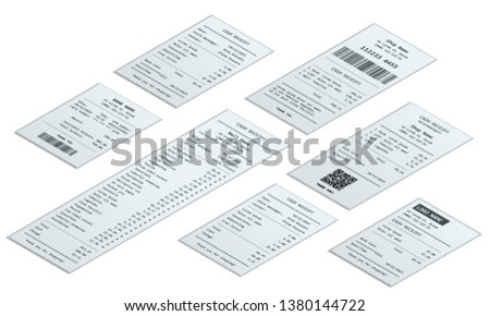 Isometric set of receipt records, design template of bill ATM, paper financial check for mockup. realistic payment paper bills for cash or credit card transaction.
