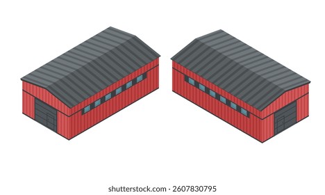 Isometric set of red industrial buildings. Warehouse structures. Factory facilities. Metal and concrete industrial constructions. Commercial storage buildings. Vector illustration isolated on white.