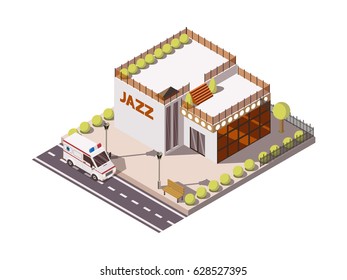 Isometric set of rescue service ambulance car near building with jazz sign 3d vector illustration