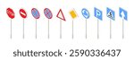 Isometric set of road signs including stop, no entry, no parking, priority, roundabout, parking, pedestrian crossing and directional arrow. Traffic regulation symbols. Flat vector illustrations.