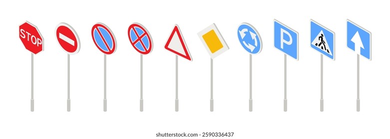 Isometric set of road signs including stop, no entry, no parking, priority, roundabout, parking, pedestrian crossing and directional arrow. Traffic regulation symbols. Flat vector illustrations.