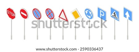 Isometric set of road signs including stop, no entry, no parking, priority, roundabout, parking, pedestrian crossing and directional arrow. Traffic regulation symbols. Flat vector illustrations.