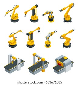 Isometric Set Of Robotic Hand Machine Tool Or  Industrial Welding Robots In Production Line Manufacturer Factory