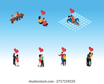 Isometric Set of Romantic Couples in Love and Dating Vignettes 3d vector illustration
