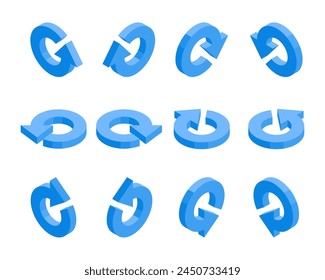 isometric set of round arrows, in color on a white background, pointers for infographics and design