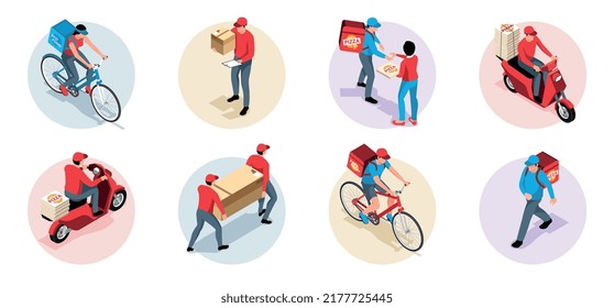 Isometric set of round compositions with delivery men and women riding scooter bicycle giving order to customers isolated vector illustration