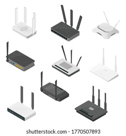 Isometric set of routers. Isometric realistic vector icons isolated on white background.