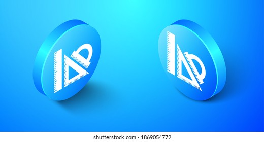Isometric Set ruler, triangular ruler and protractor icon isolated on blue background. Straightedge sign. Triangle sign. Geometrical instruments. Blue circle button. Vector.