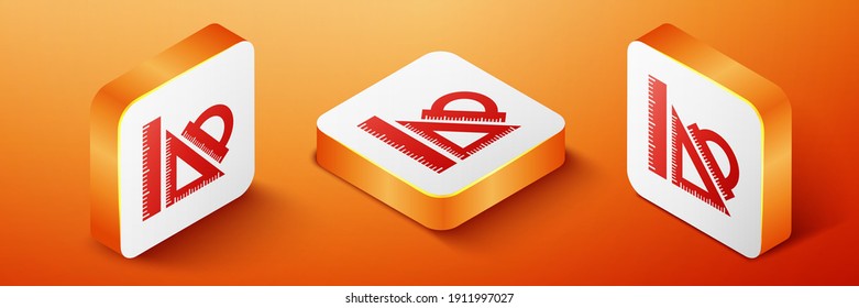 Isometric Set ruler, triangular ruler and protractor icons isolated on orange background. Straightedge sign. Triangle sign. Geometrical instruments. Orange square button. Vector.