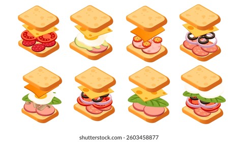 Isometric set of sandwich with different ingredients. Layered view of different sandwiches. Bread slices with vegetables, cheese, and meat. Vector illustration isolated on white background.
