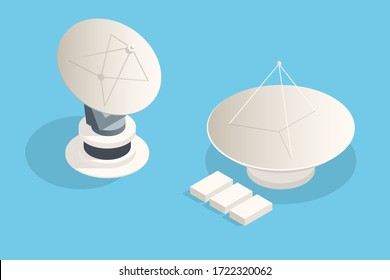 Isometric set Satellite dish antennas on white. Wireless communication equipments.