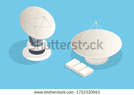 Isometric set Satellite dish antennas on white. Wireless communication equipments.