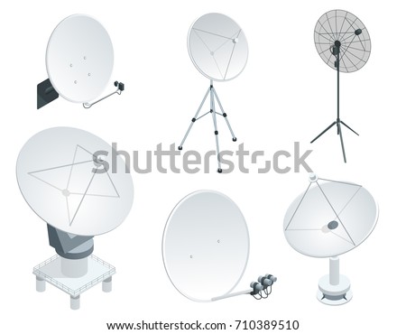Isometric set Satellite dish antennas on white. Wireless communication equipments.