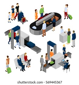 Isometric set of scenes with people in airport including security control and baggage carousel isolated vector illustration