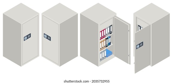 Conjunto isométrico de seguridad metálica de seguridad aislada en fondo blanco. Seguridad Financiera y Segura. Caja de metálico Caja de dinero Caja de depósito de acero Seguridad de anclaje seguro bloqueable.