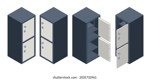 Isometrisches Set aus Sicherheitsmetallschutzvorrichtungen einzeln auf weißem Hintergrund. Sicherheit und finanzielle Sicherheit. Bargeldautomat Geldscheck Bank Deposit Steel Tin Security Safe.