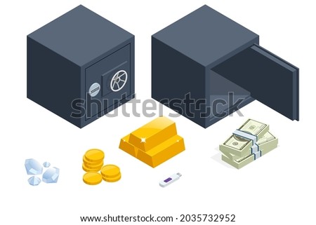 Isometric Set of Security Metal Safes Isolated on White Background. Safe and Financial Security. Metal Cash Box Money Bank Deposit Steel Tin Security Safe Lockable.