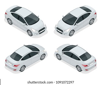 Isometric set of Sedan Cars. Compact Hybrid Vehicle. Eco-friendly hi-tech auto. Isolated car, template for branding and advertising.