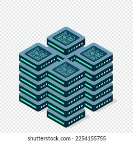 Isometric set server equipment. Computer storage or farming workstation. Datacenter storage room objects. Blockchain server concept. Vector illustration