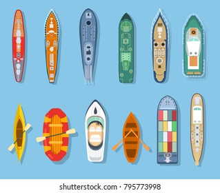 Isometric set ship frigate boat yacht transport cruise liner and canoe, vector illustration