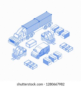 Isometric set of simple blue icons for transport and package on white background