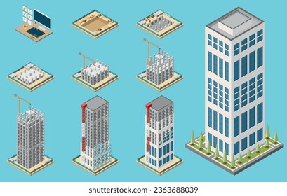 Conjunto isométrico de etapas del proceso de construcción de rascacielos aisladas en el fondo azul Ilustración vectorial 3d