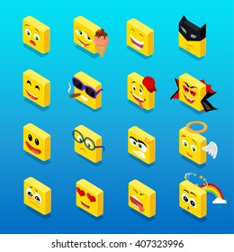 Isometric set smiley funny design. Face emoticons and square smiley icon, happy 3d smiley vector, face cartoon, emoticon funny  vector illustration