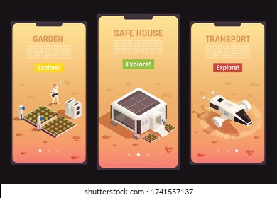 Isometric set of space colonization templates with astronaut safe house garden and drone for exploration 3d isolated vector illustration