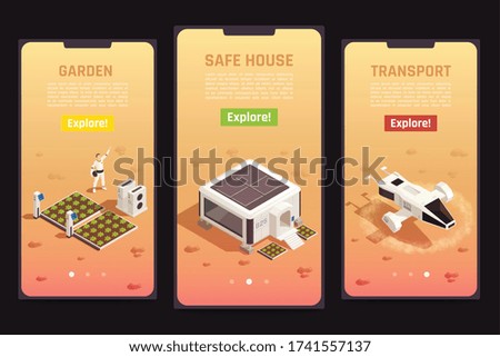 Isometric set of space colonization templates with astronaut safe house garden and drone for exploration 3d isolated vector illustration