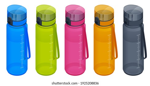 Conjunto isométrico Botella de Agua Deportiva. Botellas de agua termoplásticas reutilizables y coloridas, aisladas en fondo blanco.