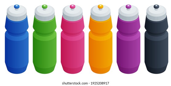 Isometric set Sport Water Bottle. Colorful reusable, plastic thermo water bottles, isolated on white background.